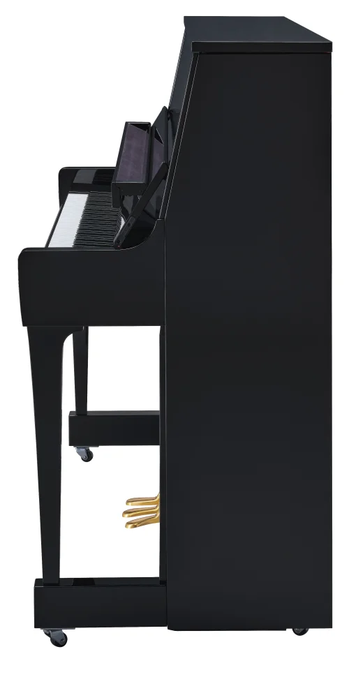 Seitenansicht eines Yamaha Klavier B20 in schwarz poliert Messing