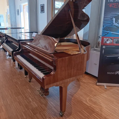 Seitenansicht eines Petrof Flügel Mod. 173 in Nussbaum poliert mit geöffnetem Deckel