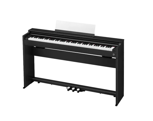   Schwarzes Digitalpiano mit geöffneter Tastenklape vor weißem Hintergrund