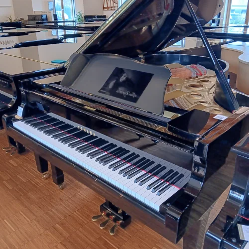 Schwarzer Yamaha Flügel C5 von der rechten Seite mit offenem Deckel in einem hellen Musikgeschäft​​​​​​​​​​​​​​​​​​​​​​​​​​​​​​​​​​​​​​​​​​​​​​​​