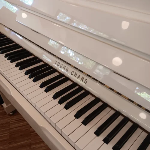 Klaviatur eines Young Chang Klavier Modell U118 in weiß poliert