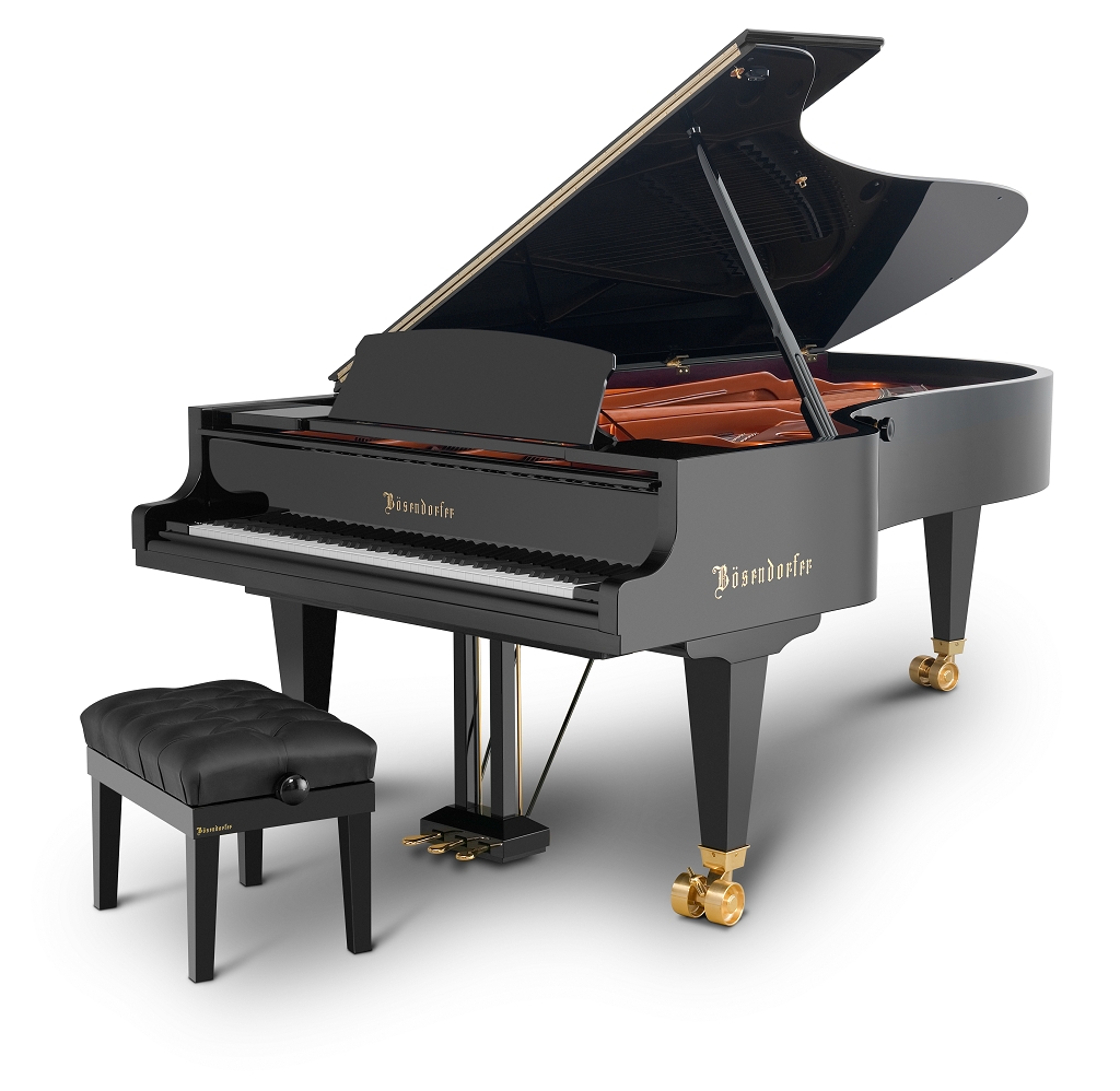 Eleganter schwarzer Bösendorfer Flügel mit offenem Deckel und passender Klavierbank auf weißem Hintergrund​​​​​​​​​​​​​​​​​​​​​​​​​​​​​​​​​​​​​​​