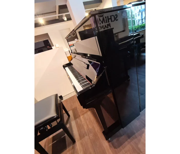 Schwarzes Klavier mit Hocker in einem hellen Musikgeschäft mit Holzfußboden und großen Fenstern​​​​​​​​​​​​​​​​​​​​​​​​​​​​​​​​​​​​​​​​​​​​​​​​​​
