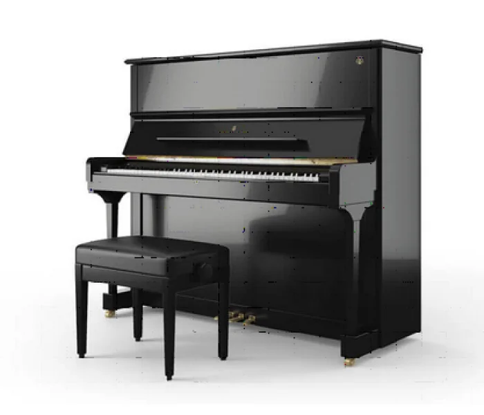 Steinway & Sons K-132 Detailansicht mit Steinway-Logo und Klaviatur im Vordergrund.