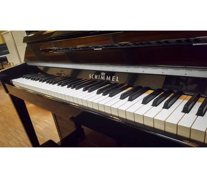 Nahaufnahme eines schwarzen Schimmel Klaviers mit weißen und schwarzen Tasten in einem Raum mit Holzboden​​​​​​​​​​​​​​​​​​​​​​​​​​​​​​​​​​​​​​​​