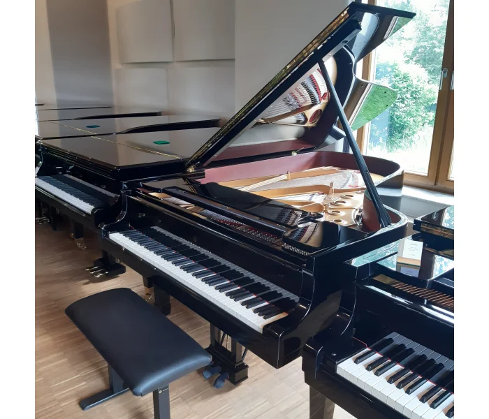 Schwarzer Steinway & Sons Flügel Modell B mit offenem Deckel in hellem Raum neben weiteren Flügeln und Fensterblick​​​​​​​​​​​​​​​​​​​​​​​​​​​​​​